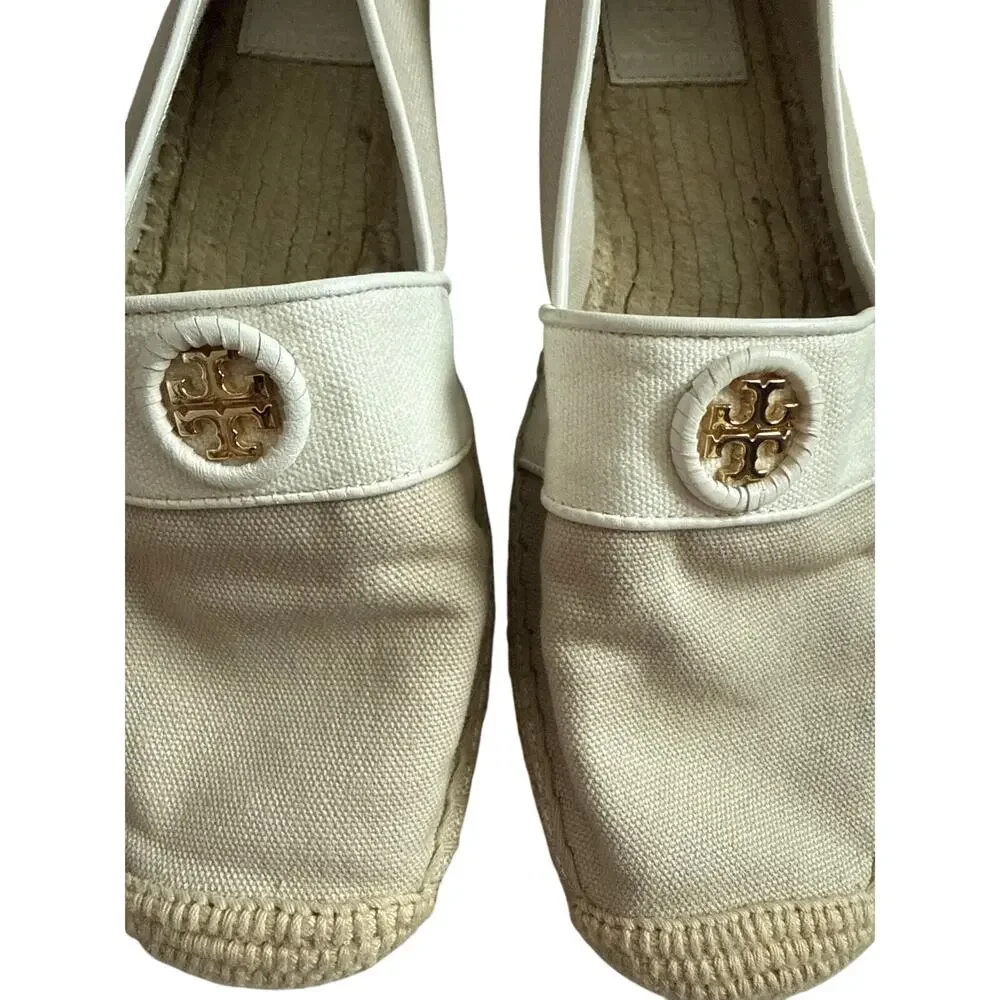 Tory Burch Lacey Canvas Khaki / Ivory Flat Espadrille Size 9
